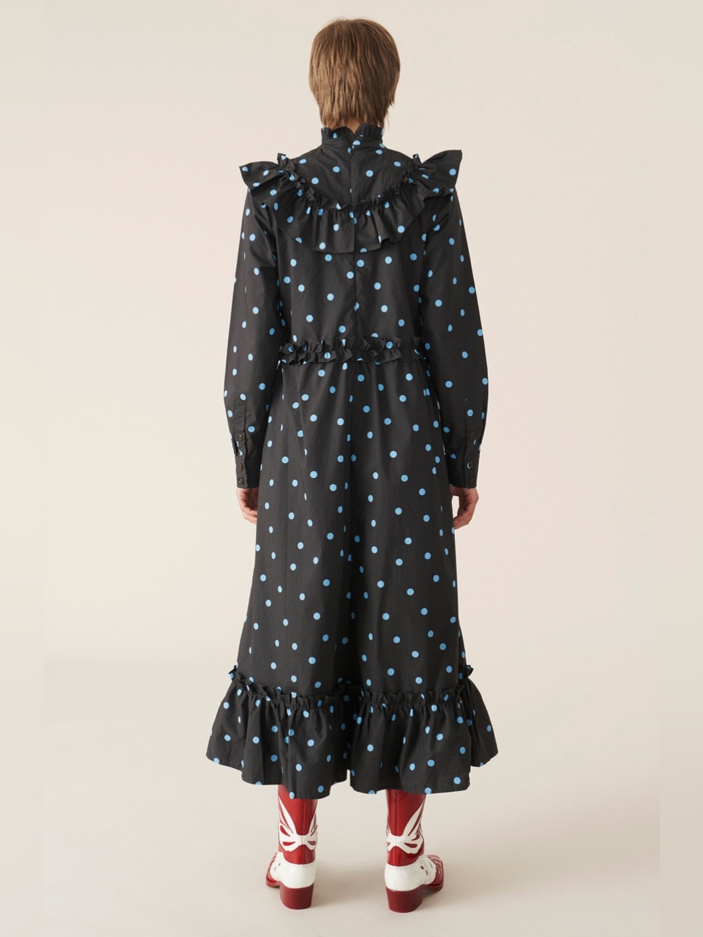 NWT Ganni Blue Polka Dot Cotton Poplins Ruffle Cottagecore Maxi Dress - Picture 2 of 10
